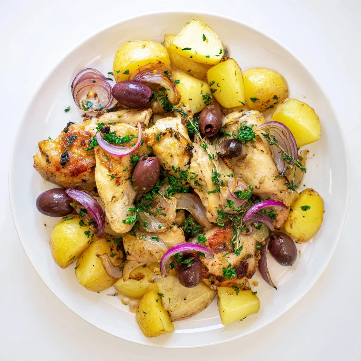 Golden roasted Greek Lemon Chicken and Potatoes with tender potatoes and juicy chicken.