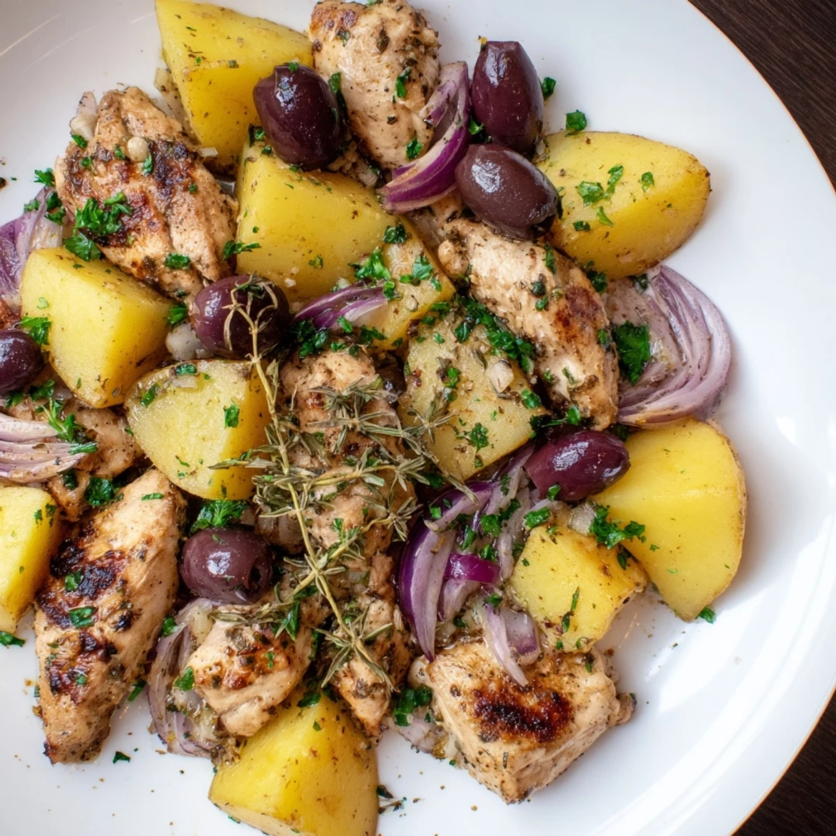 Sheet pan of Greek Lemon Chicken and Potatoes: aromatic, with herbs coating the perfectly cooked chicken.