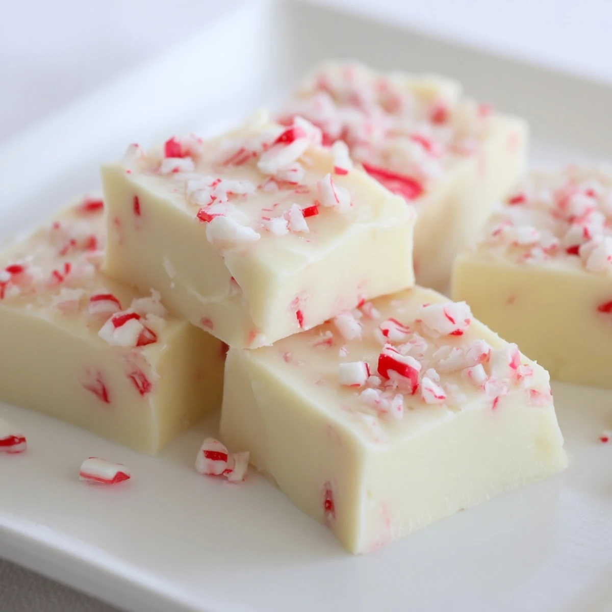 Smooth, creamy 5-Minute No-Bake White Chocolate Peppermint Fudge, studded with festive red and white candy pieces.