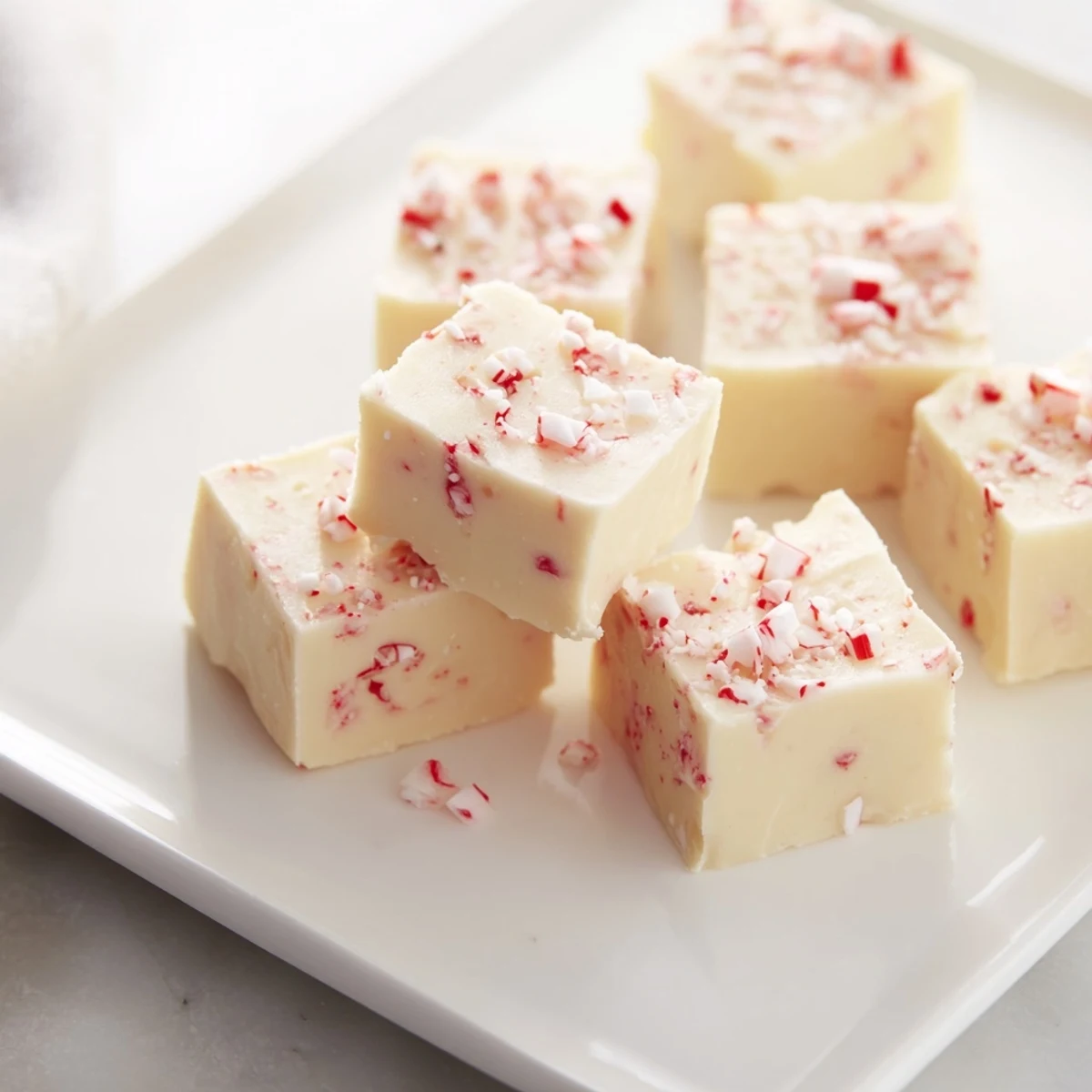 A close-up of glistening, chilled 5-Minute No-Bake White Chocolate Peppermint Fudge, perfect for holiday sweets.