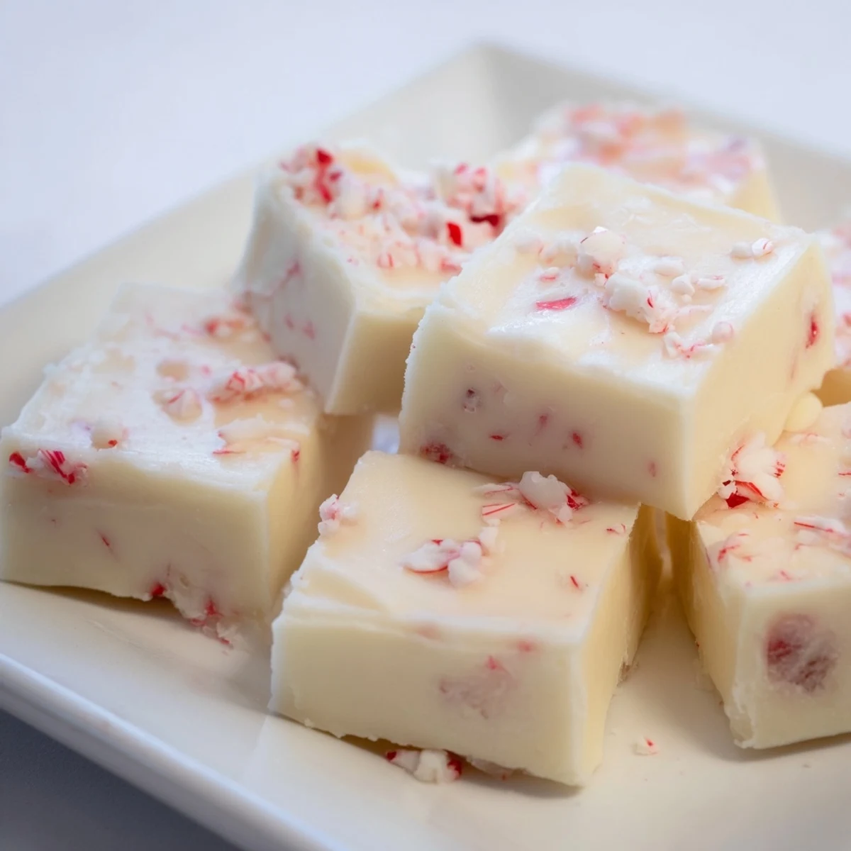 Delicious 5-Minute No-Bake White Chocolate Peppermint Fudge, ready to serve, a quick and easy dessert.