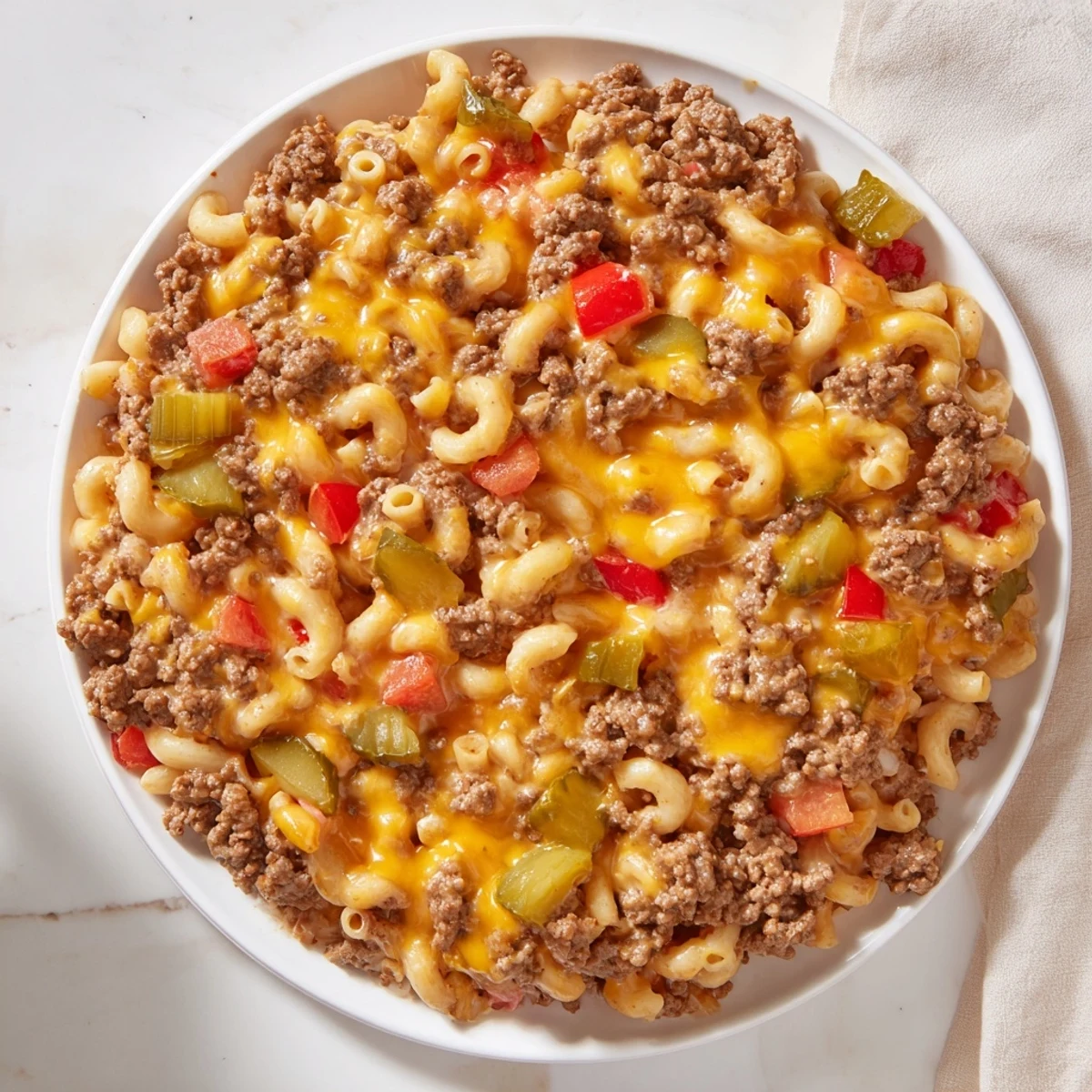 A bubbling skillet of Viral Cheeseburger Casserole is topped with melted cheddar, enticing and delicious.