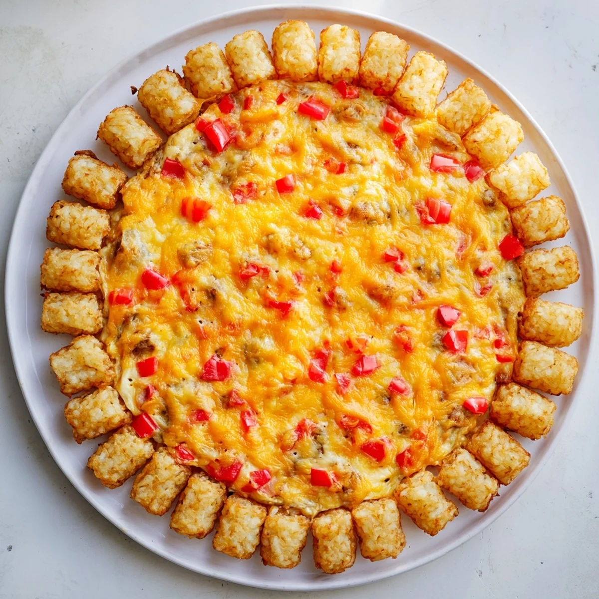 A beautiful close-up of a steaming Tater Tot Frittata, with melted cheese and colorful bell peppers visible.