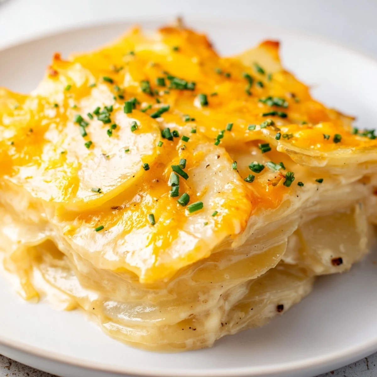 A warm, comforting dish of Ultra Creamy Cheesy Scalloped Potatoes featuring rich, cheesy layers.