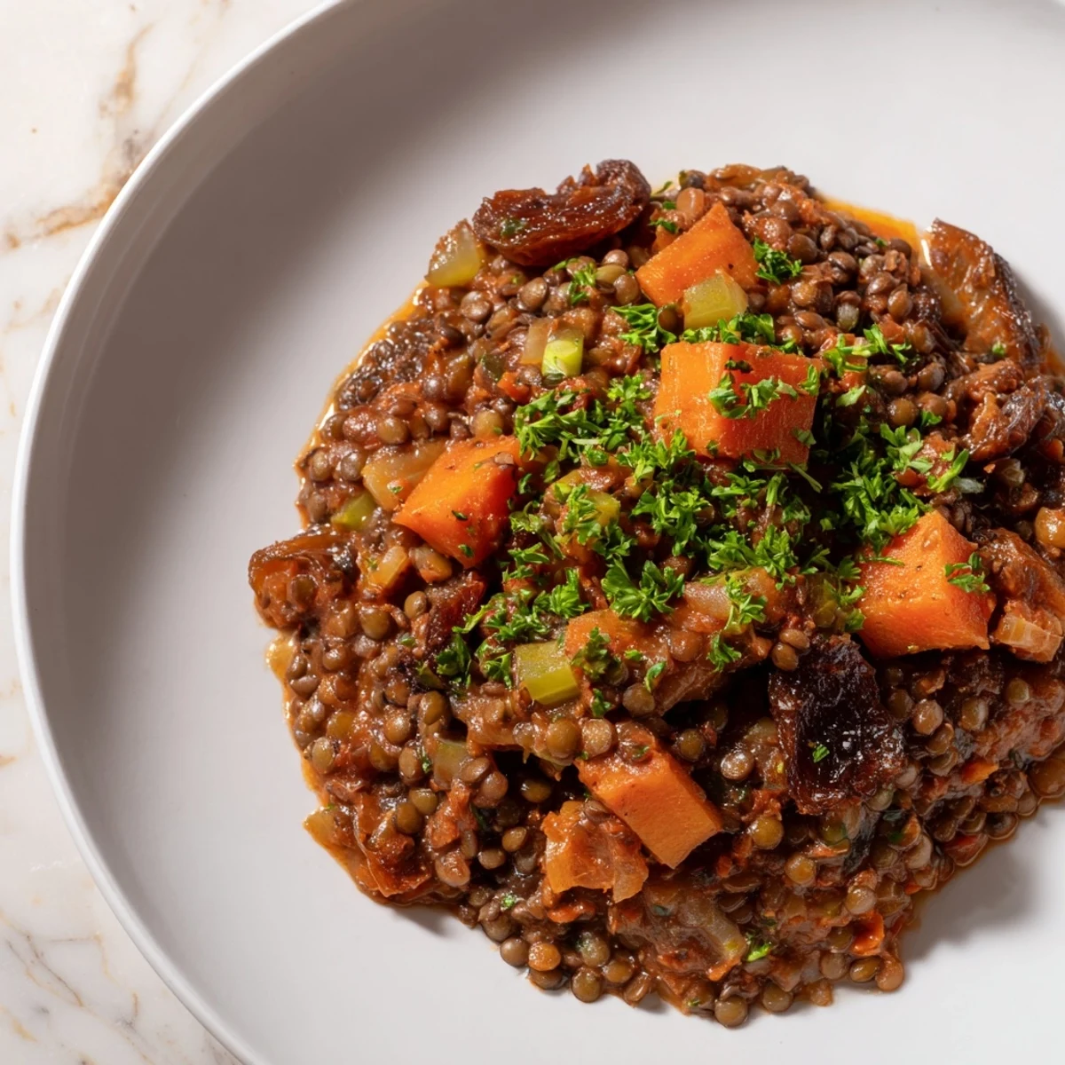 A steaming bowl of Abuela's Secret Lentil Stew with Prunes, garnished with fresh parsley.