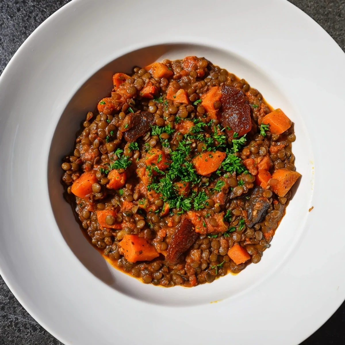 Savory Abuela's Secret Lentil Stew with Prunes bubbling in a pot, ready to be served.