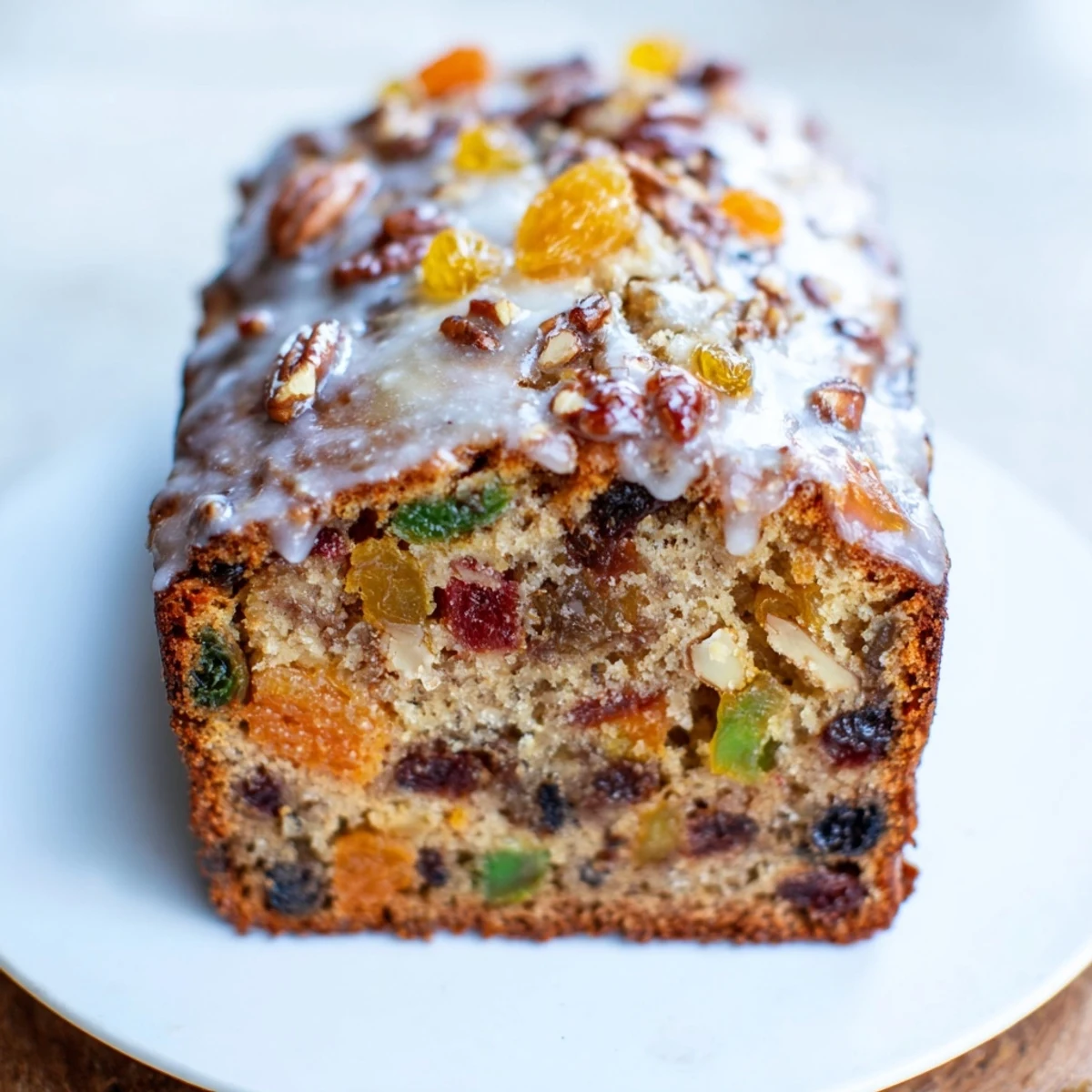 Golden-brown Easy Glazed Christmas Fruit Loaf Cake slice, drizzled with sweet citrus glaze, perfect for festive sharing.