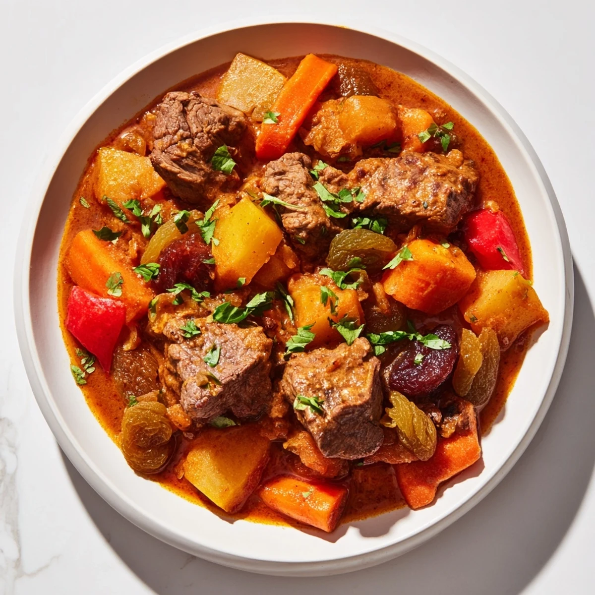 Close-up of hearty Instant Pot Middle Eastern lamb stew served steaming, ready for a delicious dinner.