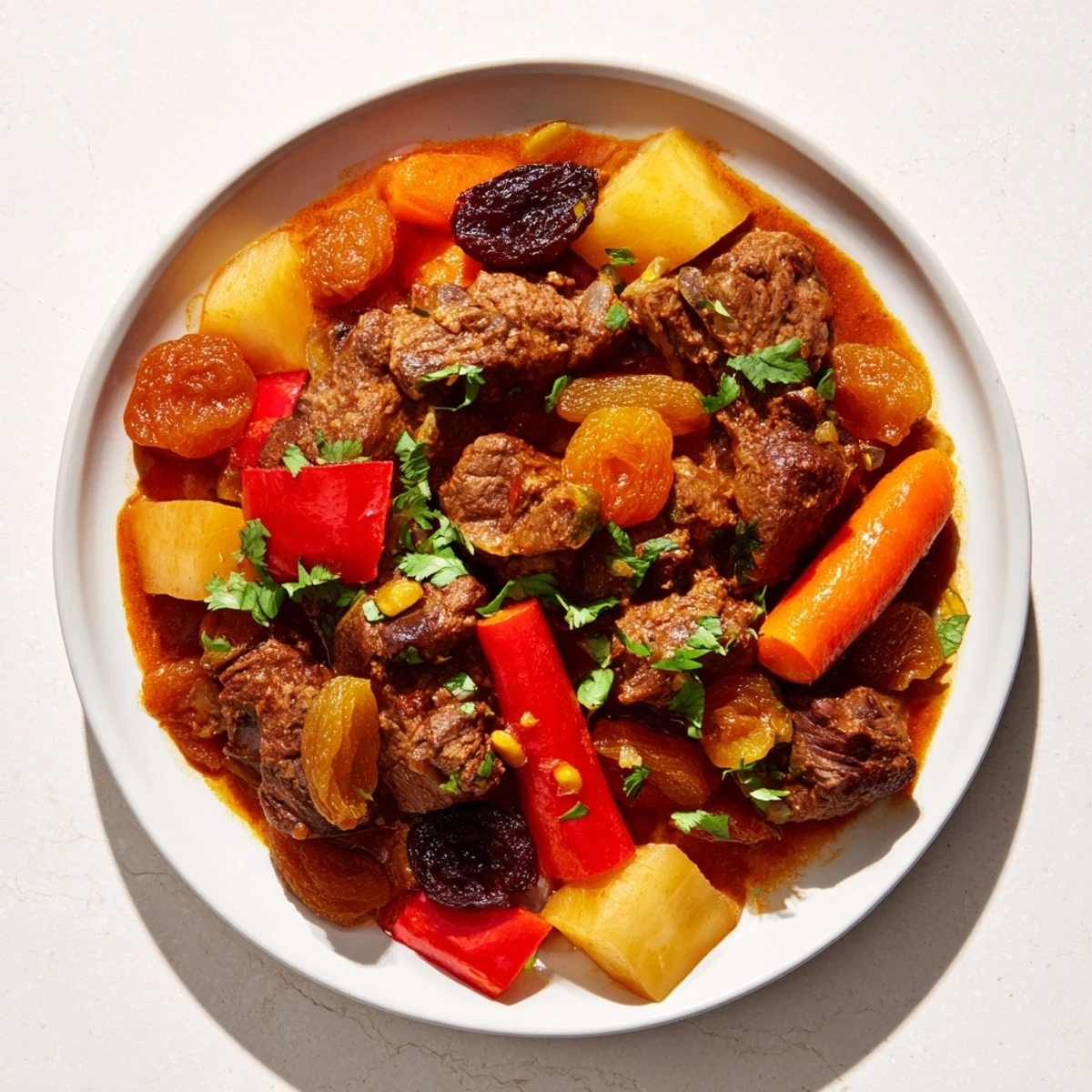 Golden lamb stew with vibrant vegetables and warming spices, showcasing the Instant Pot Middle Eastern lamb stew.