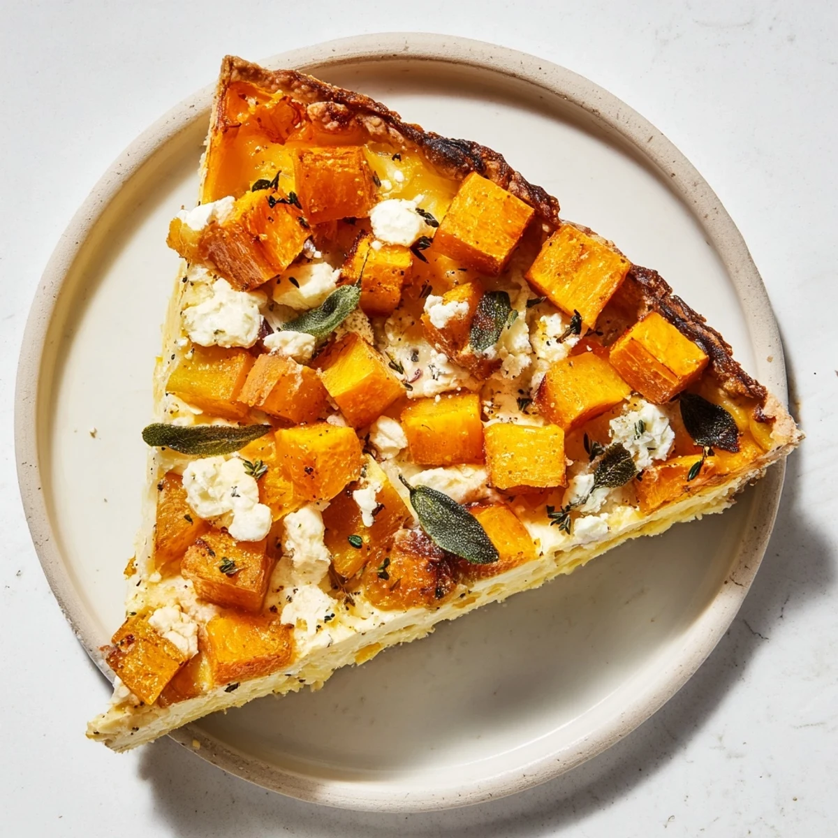 Golden-crusted potato crust quiche filled with roasted butternut squash and savory sage.
