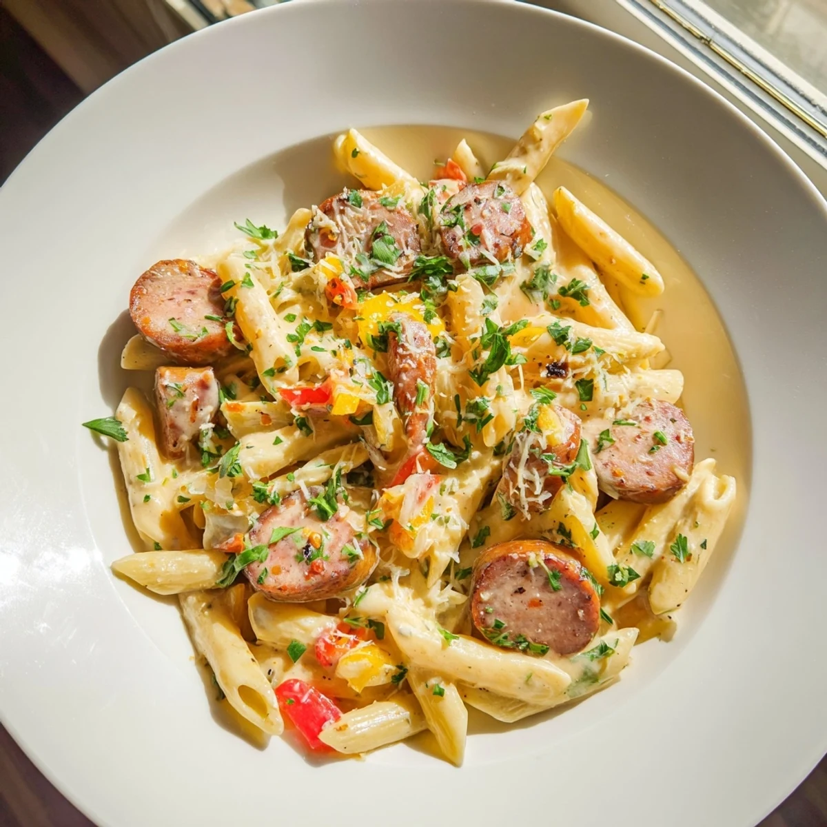 Smoked Sausage Cajun Alfredo with Penne, a creamy pasta dish with sausage and fresh parsley garnish.