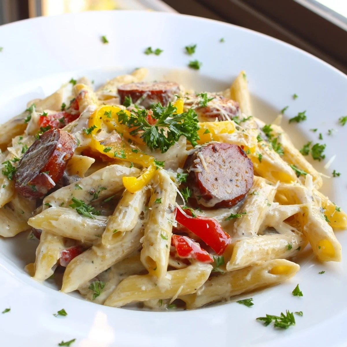 Get a close-up of the delicious Smoked Sausage Cajun Alfredo with Penne pasta tossed in a spicy, flavorful sauce.