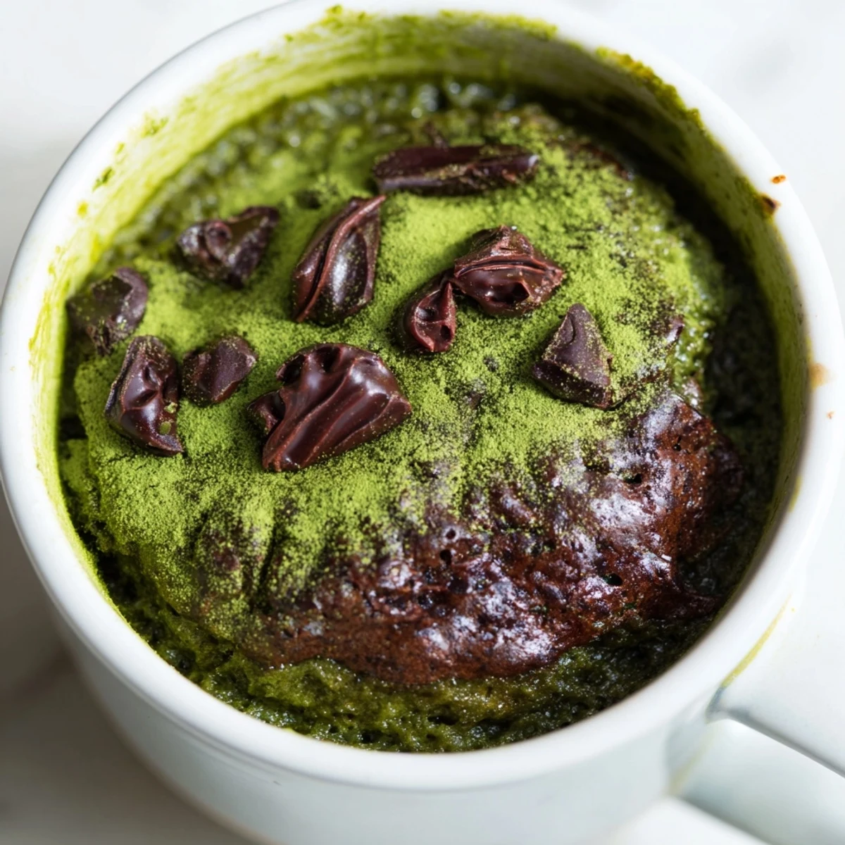 Steaming Matcha Peppermint Brownie Batter Mug Cake, a warm, individual dessert with melted chocolate chips.