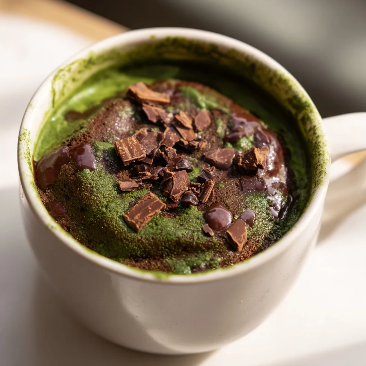 A close-up of a delightful Matcha Peppermint Brownie Batter Mug Cake, perfect for a quick and easy treat.