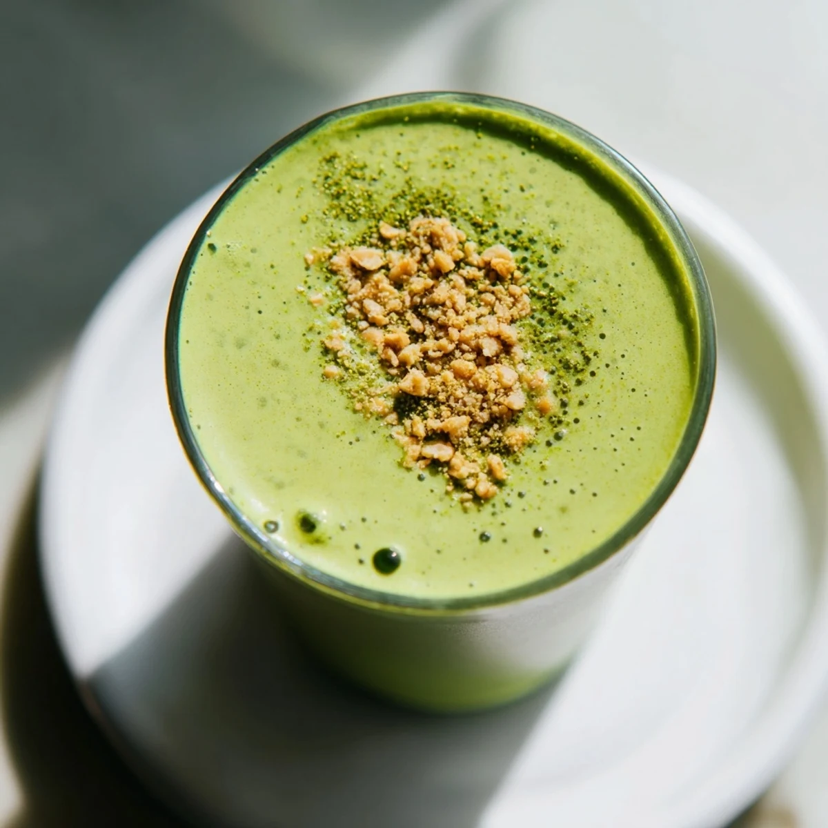 Creamy Matcha Eggnog Collagen Breakfast Smoothie swirled with holiday spices, ready for a delicious morning.