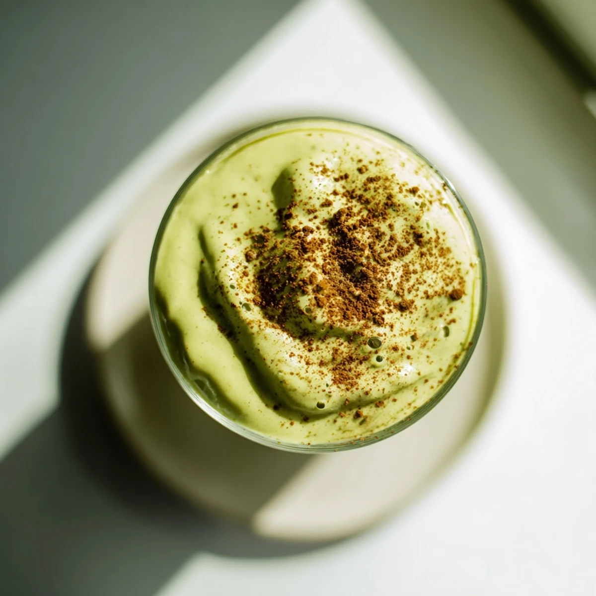 Vibrant green Matcha Eggnog Collagen Breakfast Smoothie, thick and frosty, perfect for a protein-packed start.