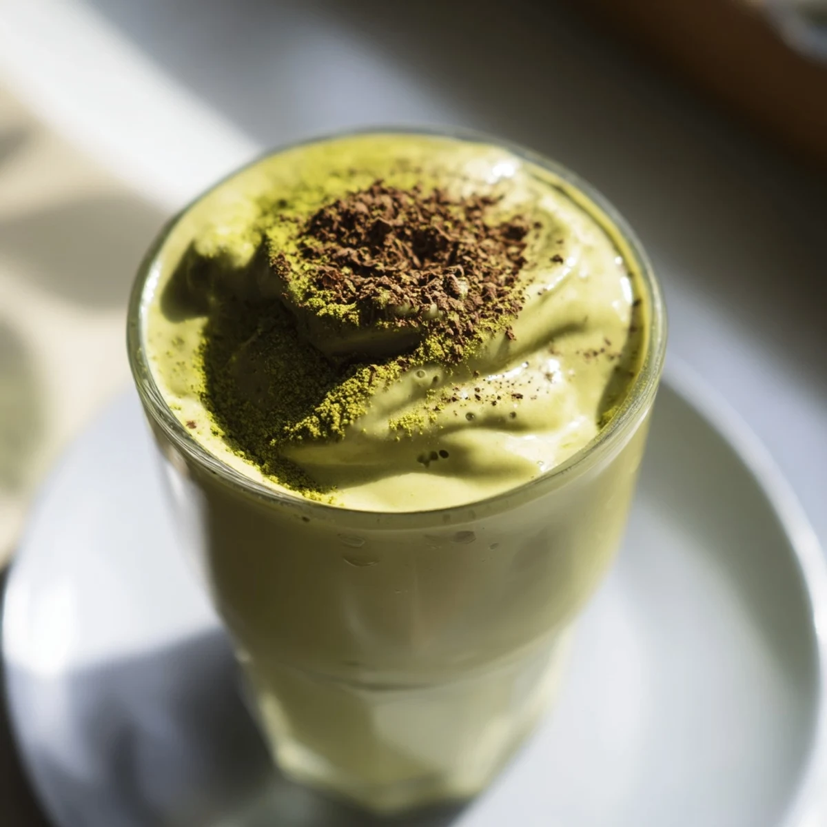 A smooth, nutmeg-kissed Matcha Eggnog Collagen Breakfast Smoothie swirled in a glass, ideal for festive mornings.
