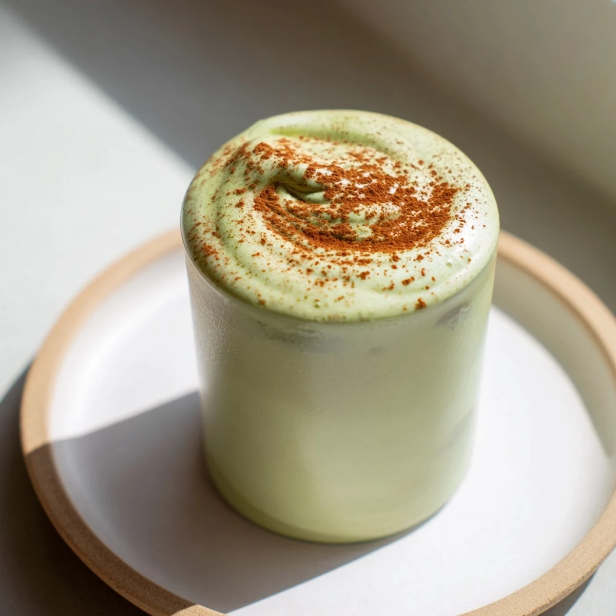 Matcha Snickerdoodle Protein Shake, a creamy blend showcasing green matcha and cinnamon's delightful flavors.