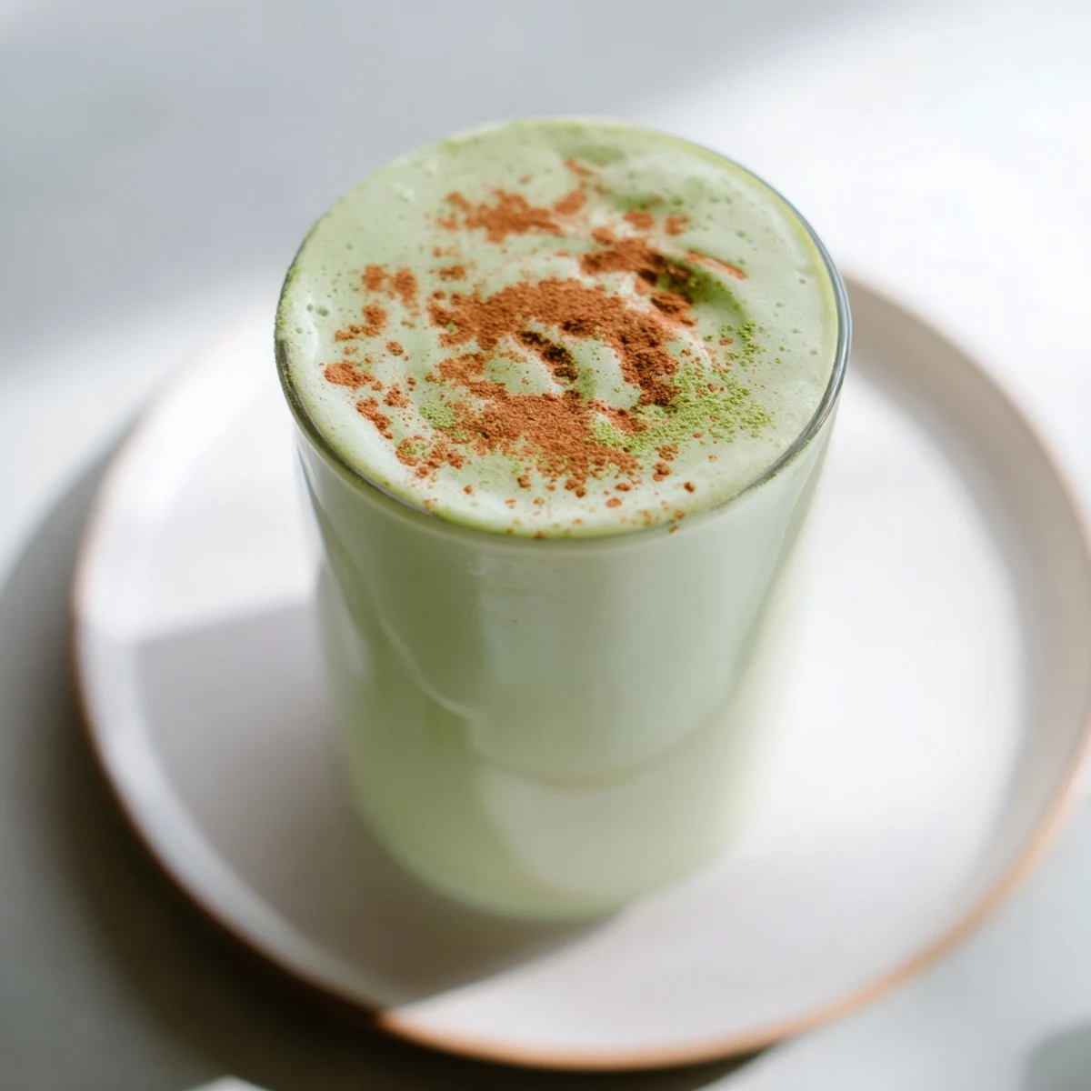 Thick Matcha Snickerdoodle Protein Shake, served in a tall glass, promises a quick and tasty breakfast.