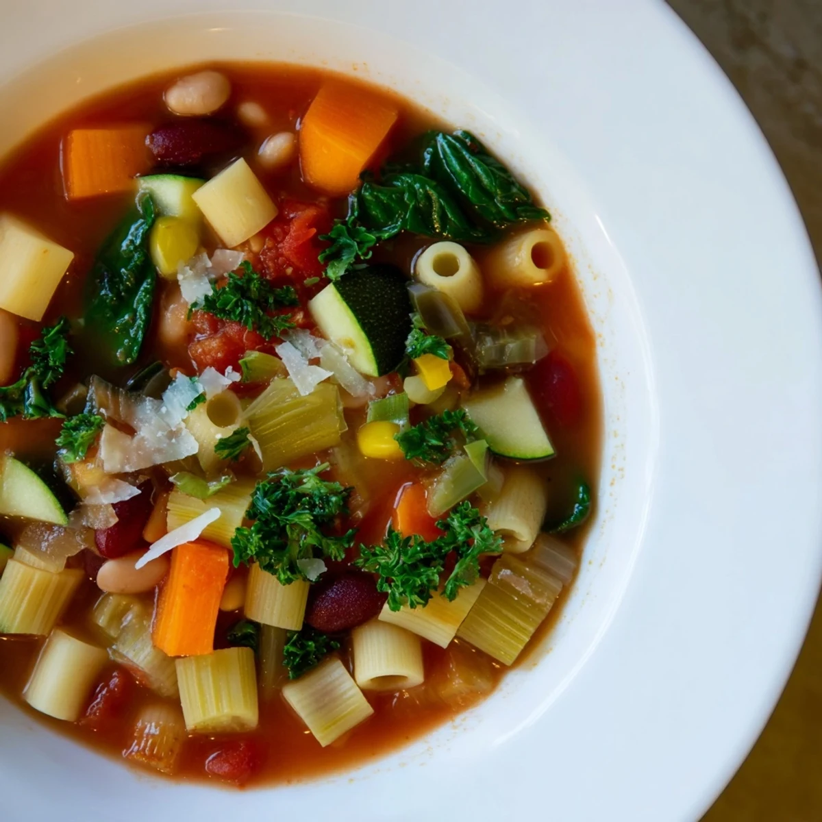 Steaming bowl of Veggie-Packed Minestrone Christmas Pasta Pot, ready to enjoy with crusty bread.