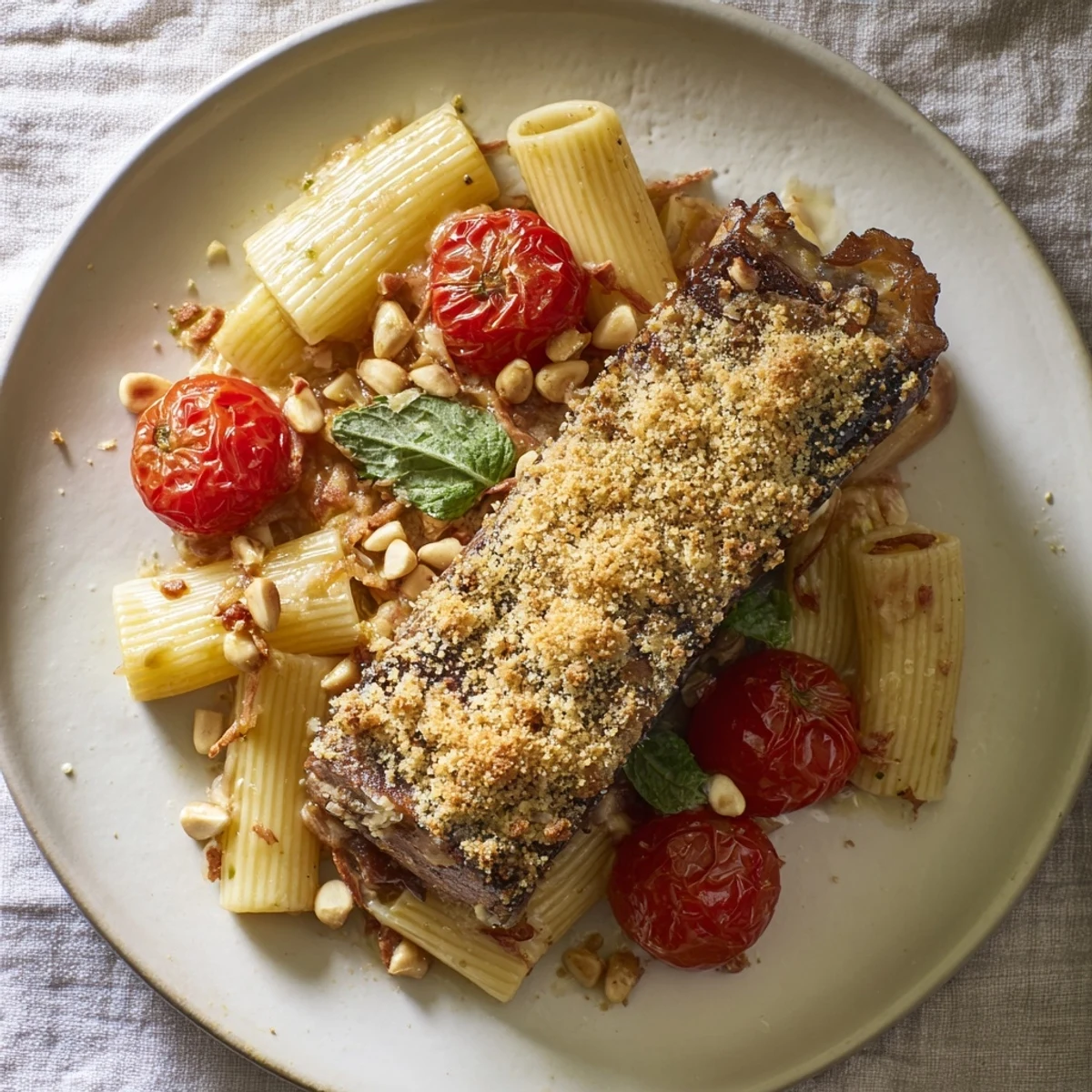 Vibrant image of Baked Goat Cheese Snowflake Tomato Basil Pasta, ready for a delicious dinner.