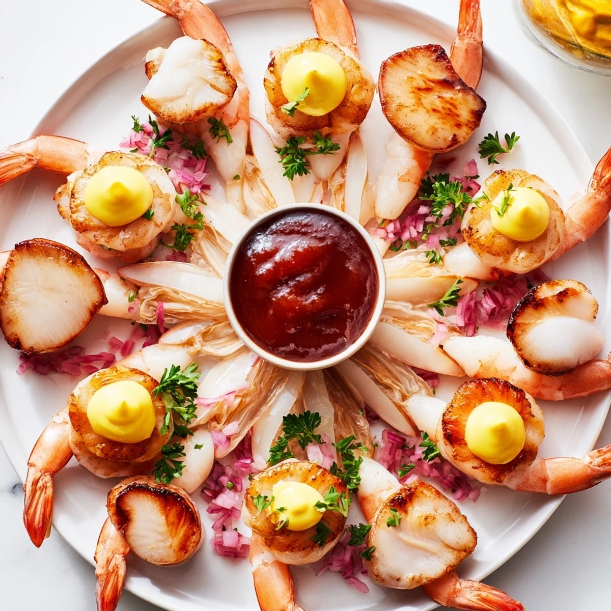 A delicious Starfish & Shell Appetizer Board, featuring vibrant seafood served with zesty dipping sauces.