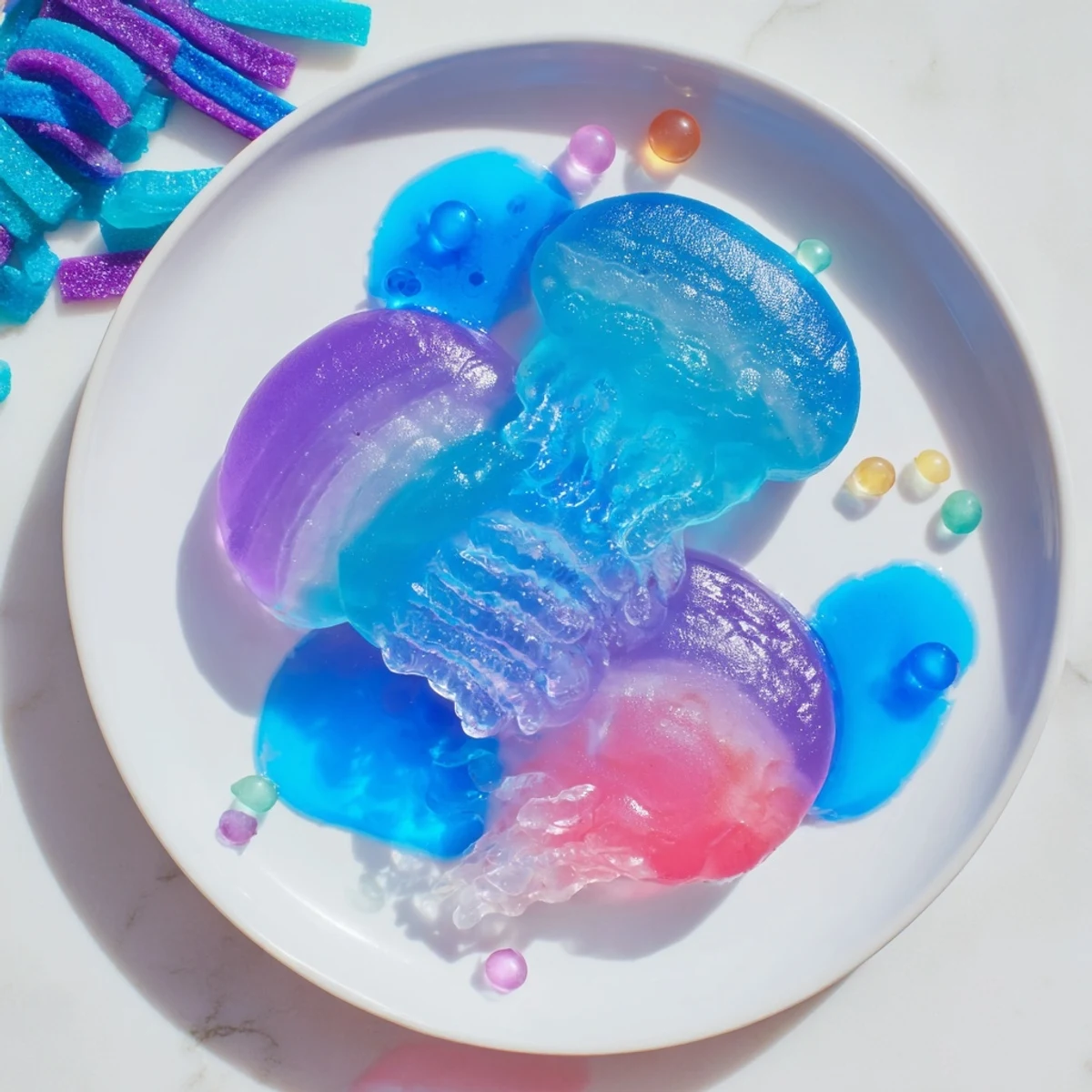 Vibrant Jellyfish Candy Platter showcasing cheerful gummy jellyfish, candies, and blue gelatin "ocean."