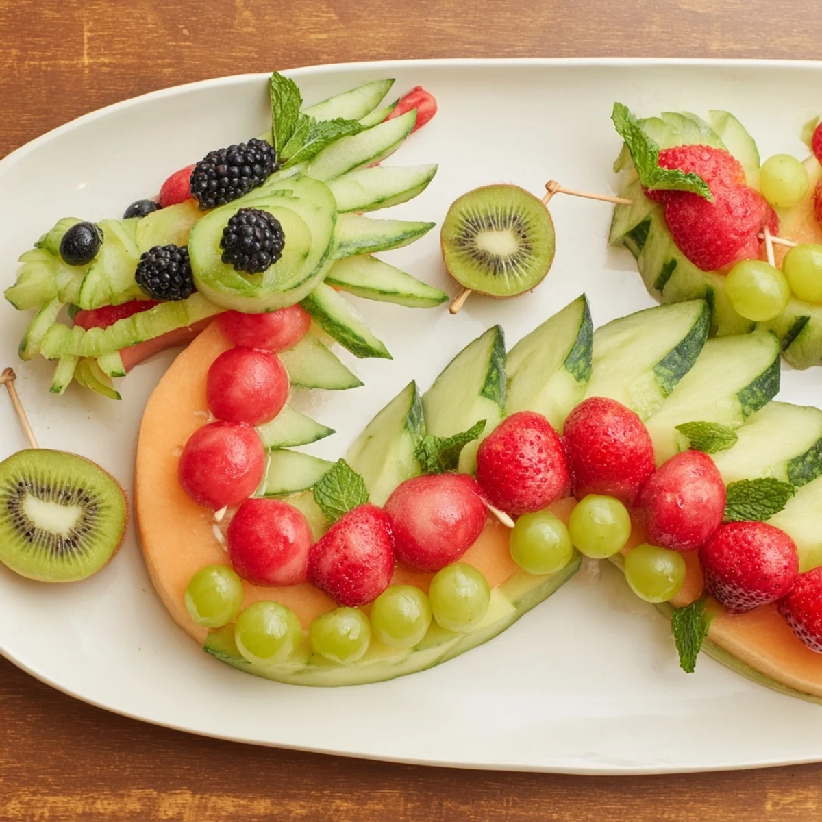 Fresh and colorful dragon-shaped fruit tray, beautifully arranged for a fun appetizer at a party.