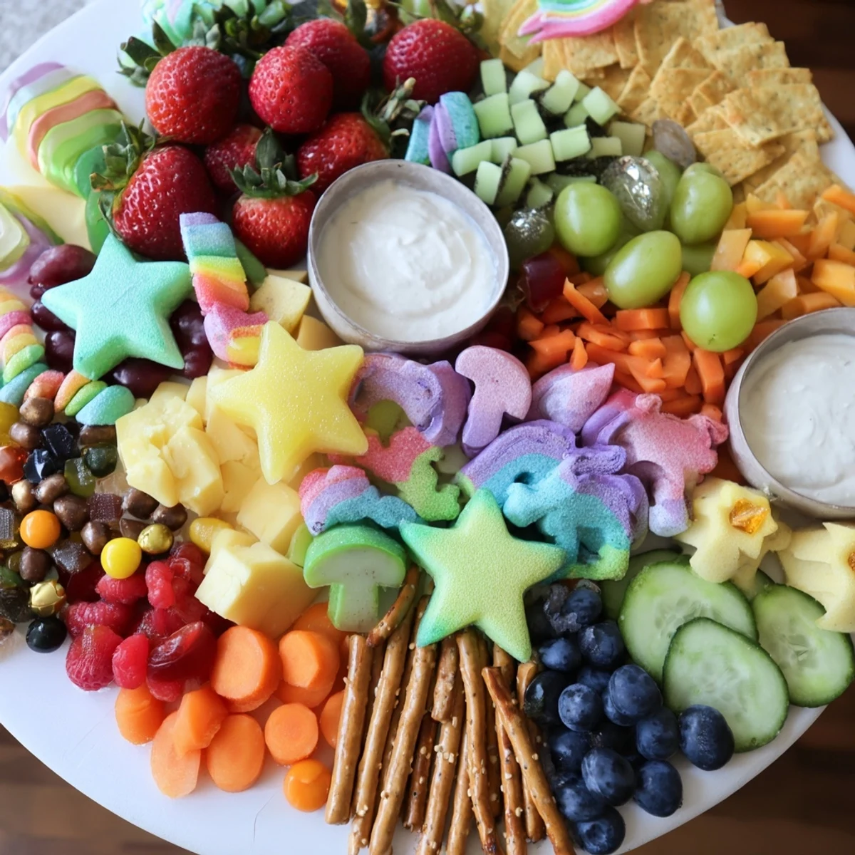 Vibrant Unicorn Party Platter: a rainbow of fresh fruits, veggies, and magical treats for sharing.