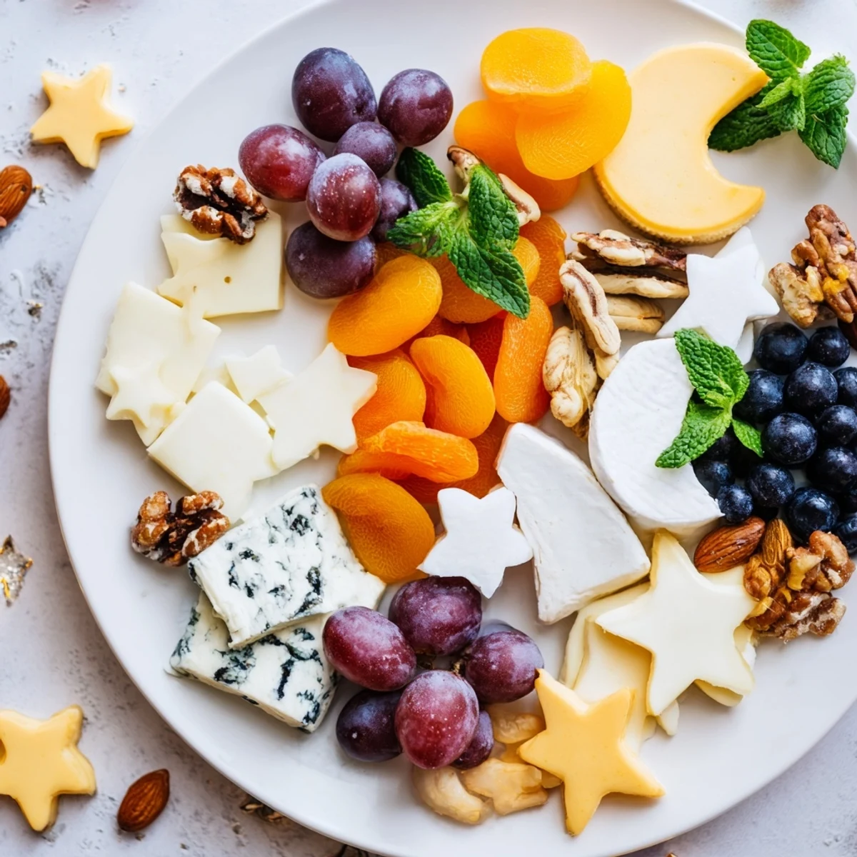 A beautifully arranged Moon & Stars Night Board with cheeses, fruits, and star-shaped crackers.