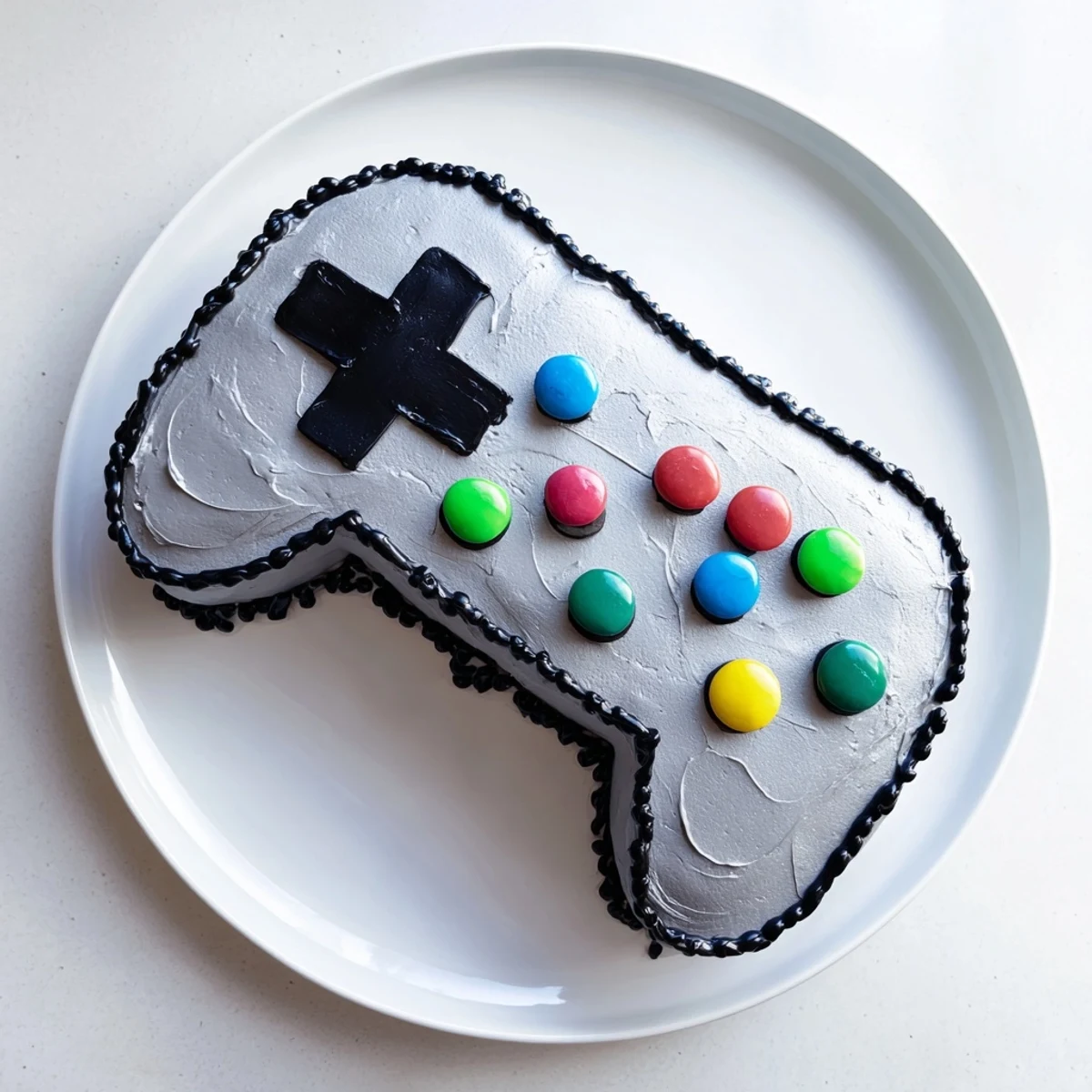 Colorful photo of a Pixel Perfect Video Game Controller Board cake ready for a party.