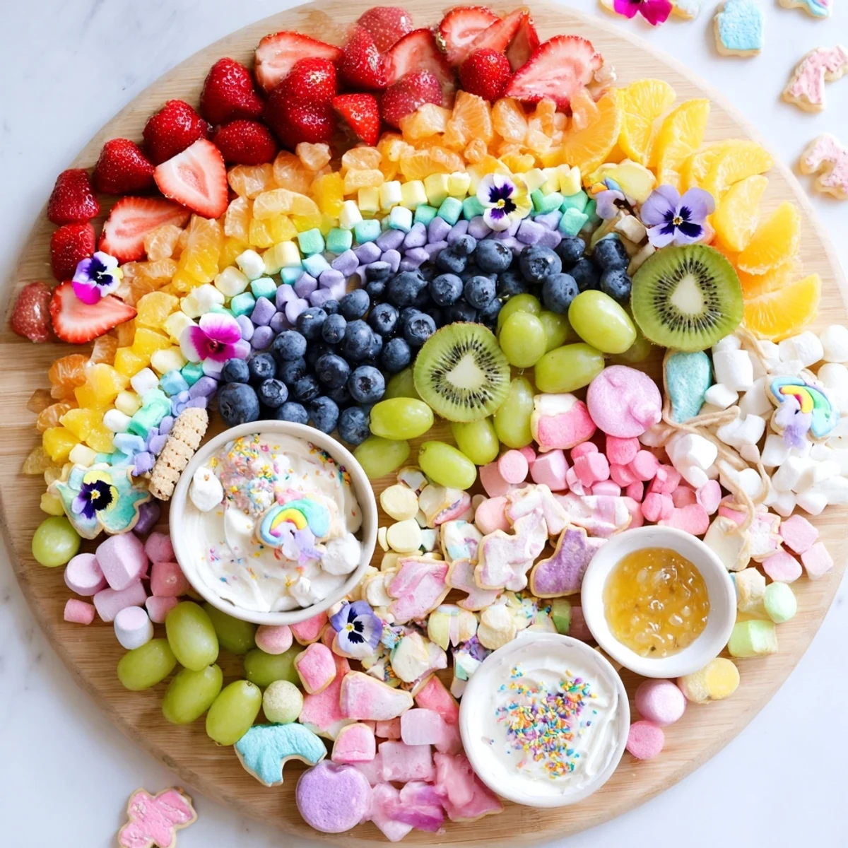 Vibrant Magical Unicorn Rainbow Dessert Board overflowing with colorful fruits, candies, and creamy dips — delicious!