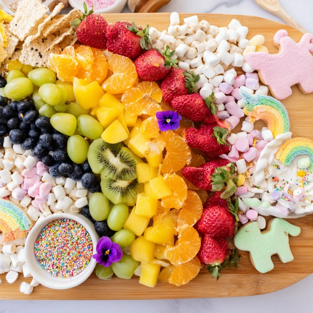 A stunning Magical Unicorn Rainbow Dessert Board offering a delightful mix of sweet, rainbow-colored treats for everyone.