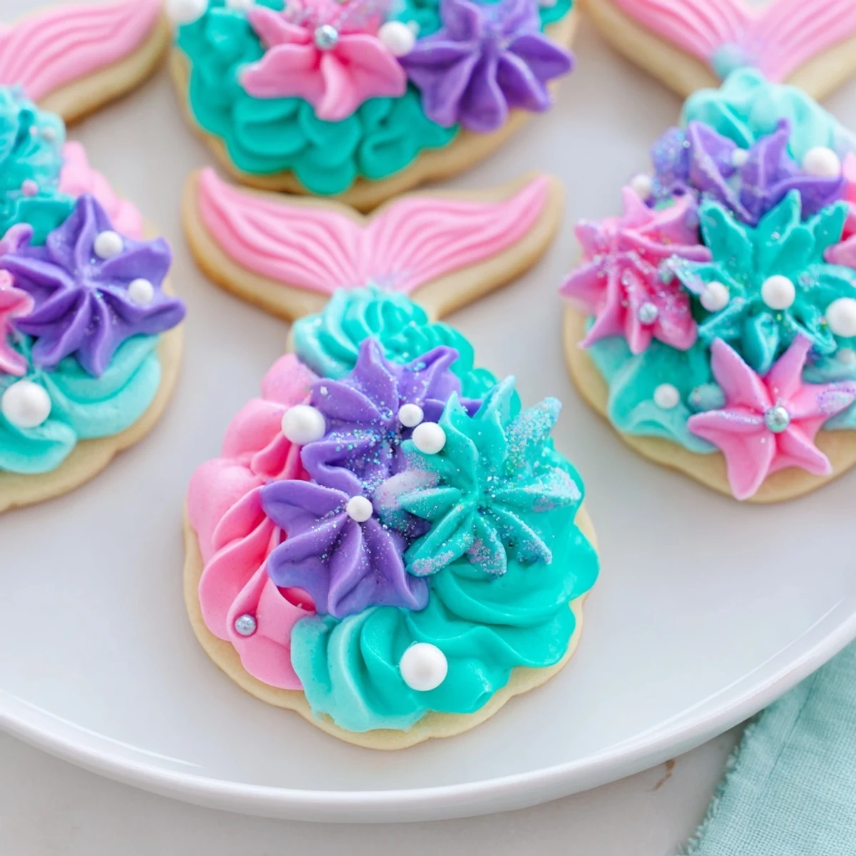 Shimmering mermaid tail sweets with vibrant buttercream and candy pearls, a truly whimsical treat.