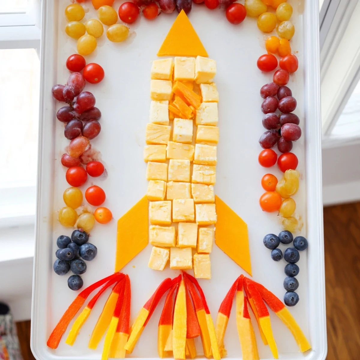 A whimsical Blast Off Spaceship Snack Board displayed, showcasing a fun, kid-friendly snack assortment.