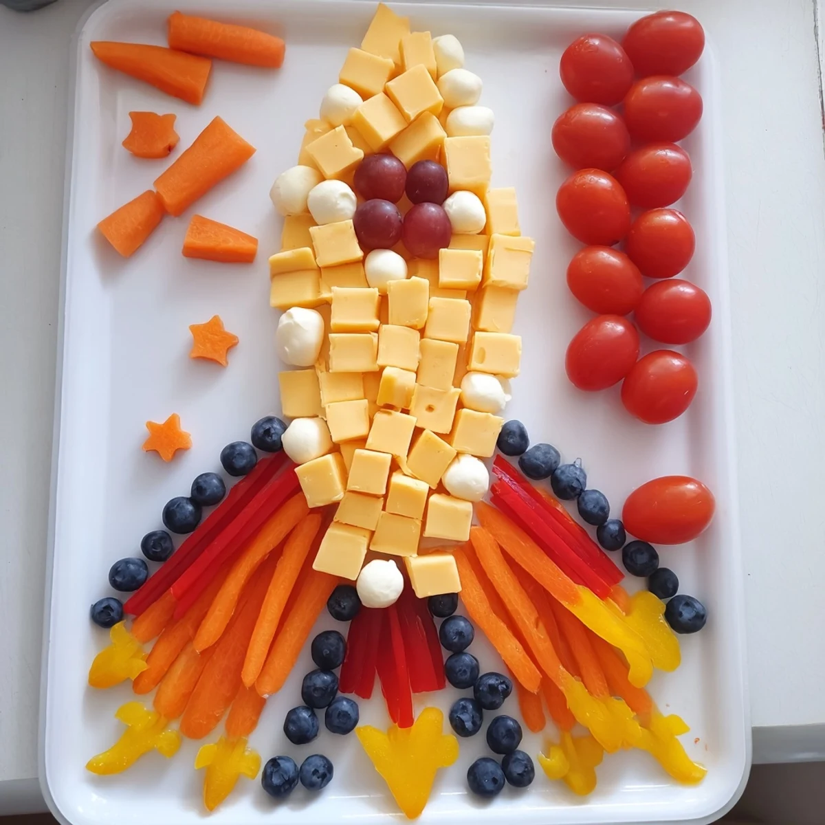 Vibrant image of Blast Off Spaceship Snack Board featuring fresh veggies, hummus dip, and star sprinkles.
