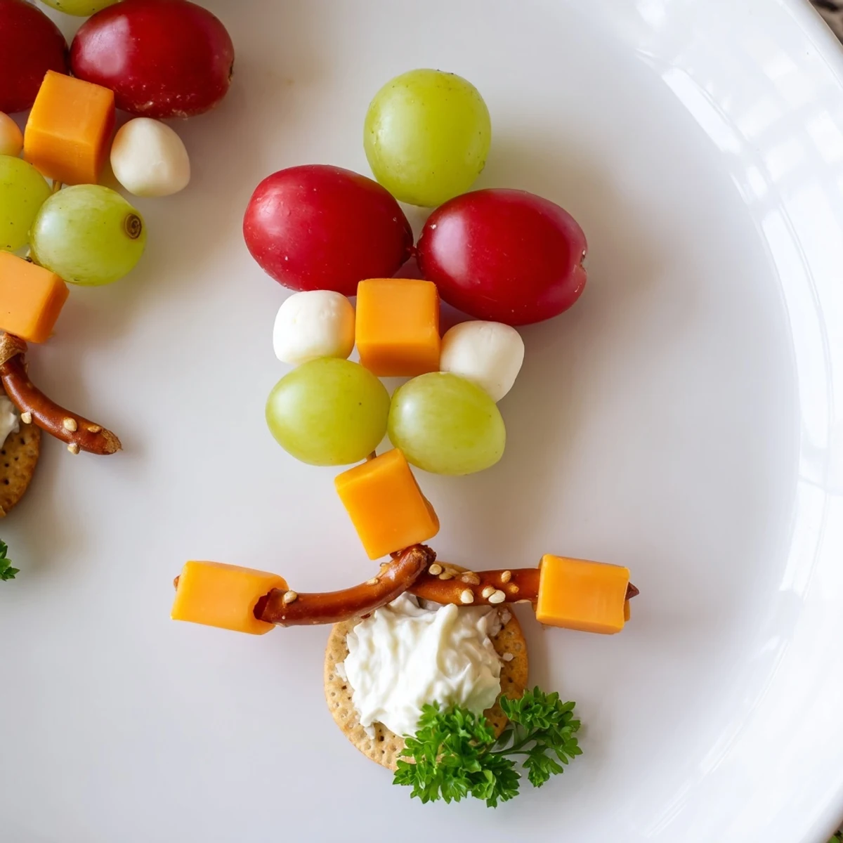 Colorful Up, Up, & Away Hot Air Balloon Snacks, featuring vibrant cherry tomatoes and grapes on pretzels.