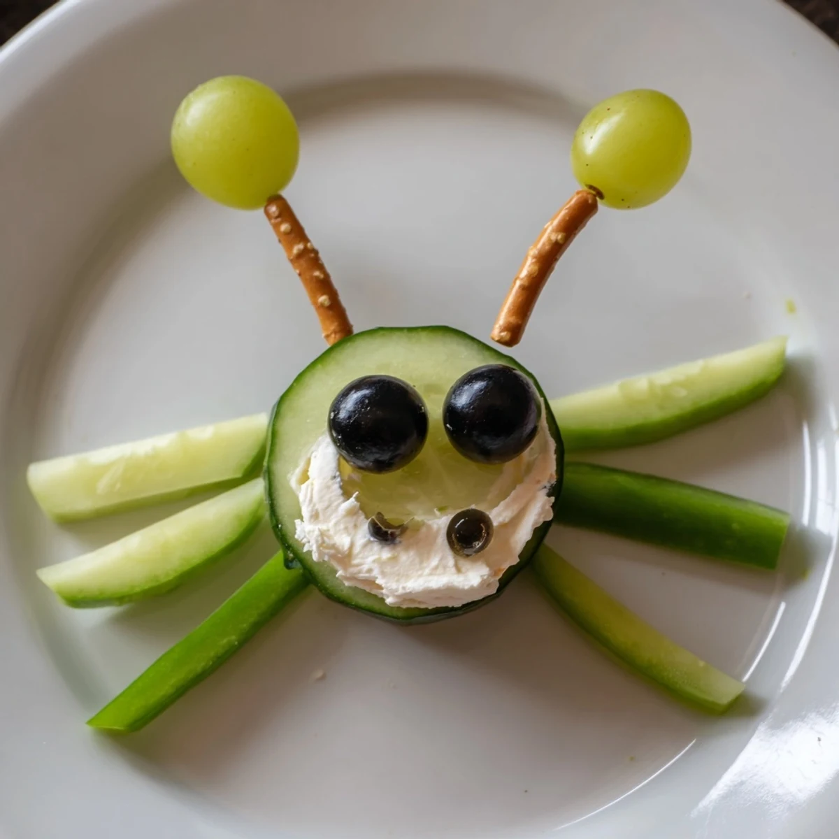Fresh cucumber faces create Little Green Men Alien Snack Attack, topped with grapes and edible eyes, a healthy treat.