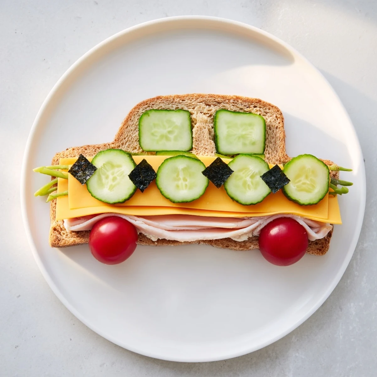 A colorful Road Trip Ready Car-Shaped Lunch with cheddar wheels and carrot bumpers—perfect lunchtime fun.