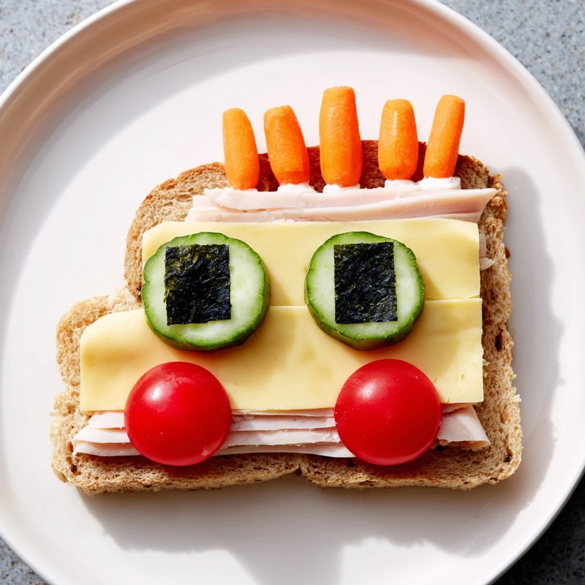 Vibrant Road Trip Ready Car-Shaped Lunch, featuring fun sandwich cars and healthy sides, ready to eat.