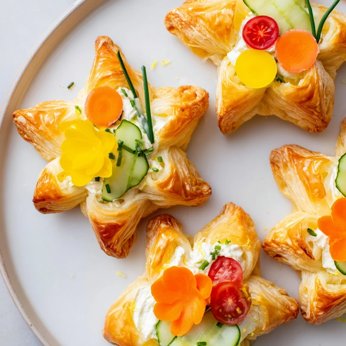Vibrant image of Fairy Garden Flower Shaped Snacks, arranged with colorful vegetable "petals" and cream cheese.