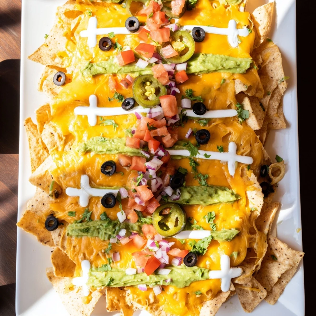 A visually stunning Football Field Nacho Platter, layered with melted cheese and delicious toppings.