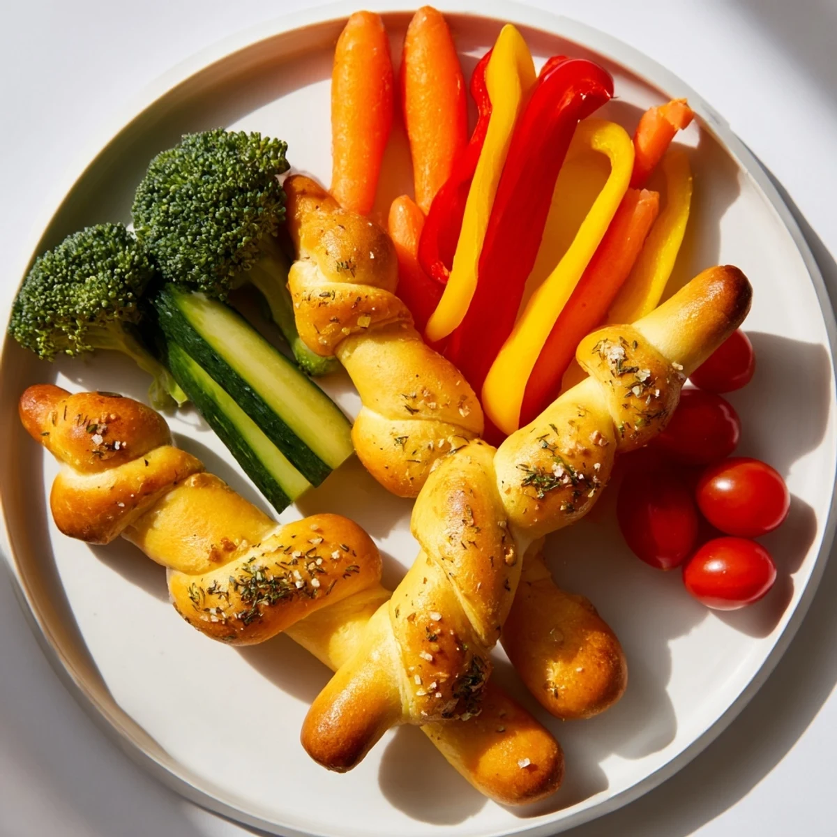 Colorful Dinosaur Bone Prehistoric Crudités appetizer platter with crunchy veggies and baked breadsticks.