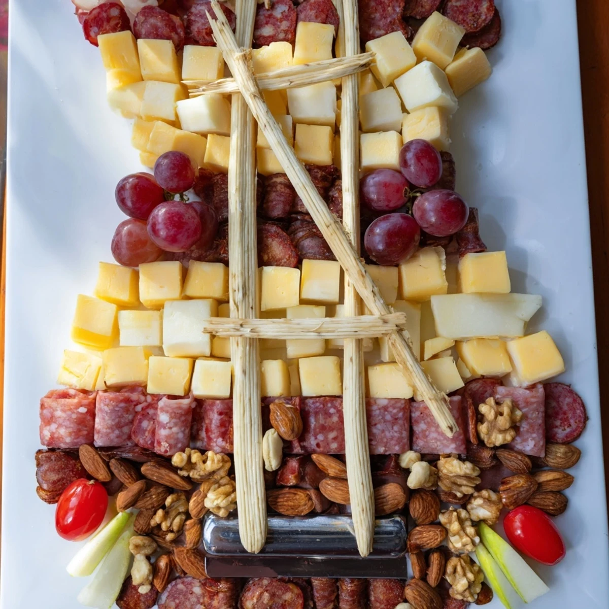 Rock Star Guitar Platter arranged with cheeses, meats, and fruit, ready to serve and enjoy.