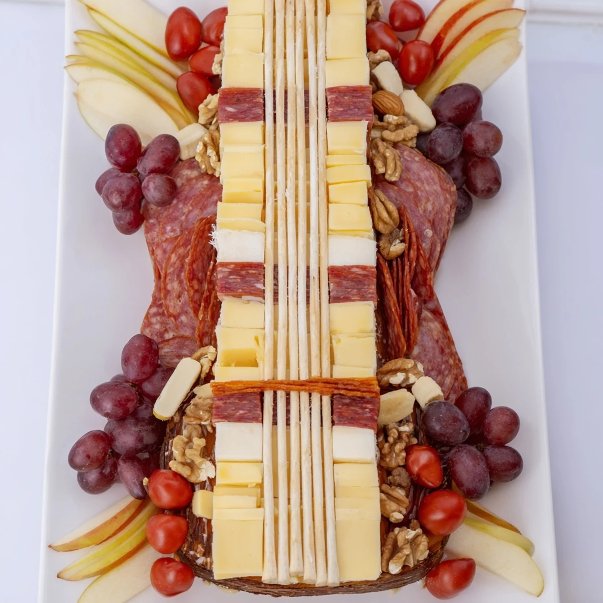 This creatively arranged Rock Star Guitar Platter is bursting with savory snacks and fresh fruits.