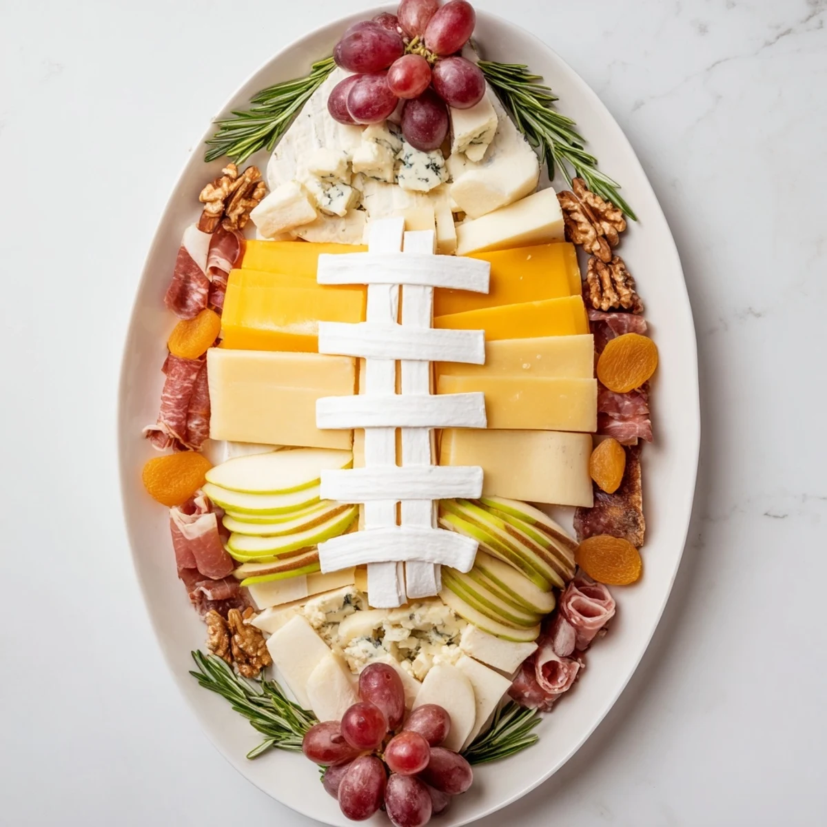 Rugby ball cheese board overflowing with French cheeses, fruity garnishes, and charcuterie, ready to serve.