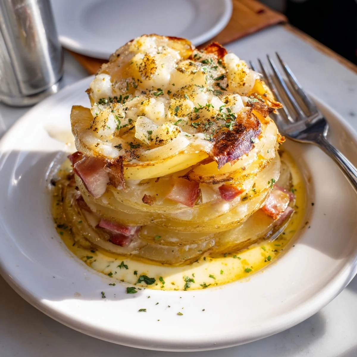 This comforting Plateau Moufle Chaud et Confortable showcases tender potatoes and ham baked in cream, ready to serve.