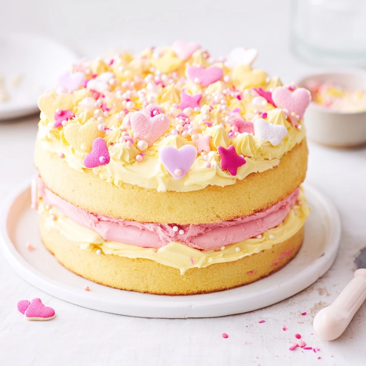 A layered Château de Princesse Cœurs et Étoiles cake, frosted with yellow buttercream and decorated with stars.