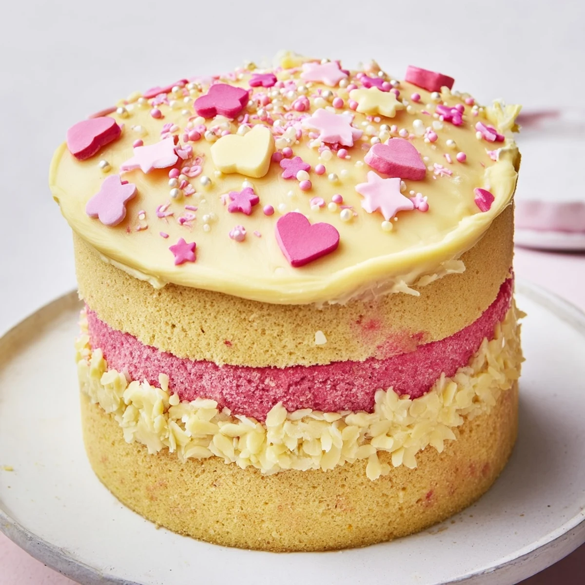 Enjoy the enchanting Château de Princesse Cœurs et Étoiles cake: a delicious French-inspired dessert for celebrations.