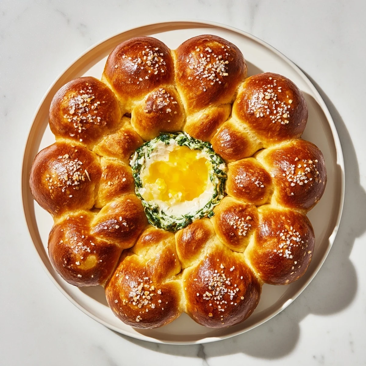 Golden-brown Pretzel Wreath Dip Ring ready to serve with a bubbling, cheesy spinach dip in the center.